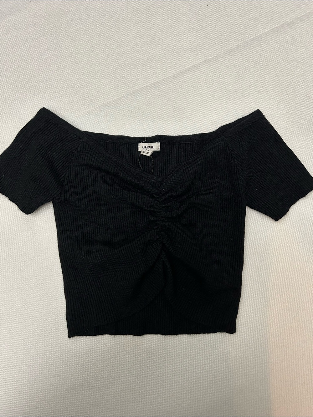 Garage Black Off-the-Shoulder Ruched Ribbed Crop Top size S